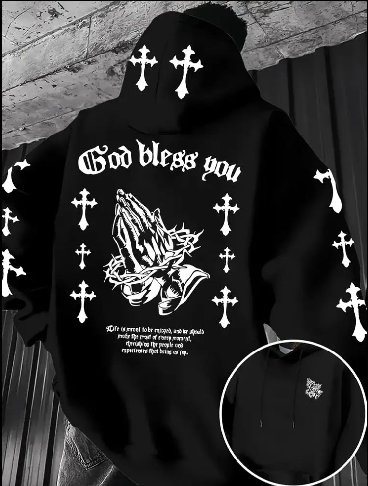 Men's Christian Faith Hoodie with Prayer Print & Religious Symbols
