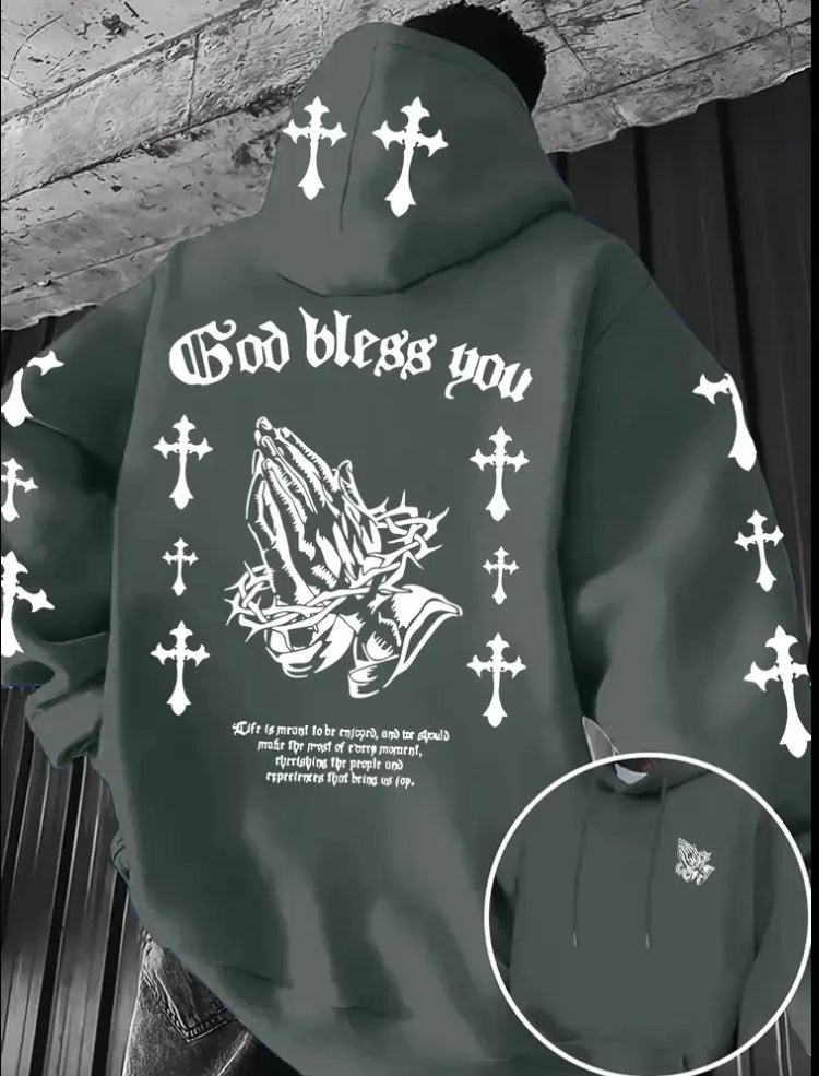 Men's Christian Faith Hoodie with Prayer Print & Religious Symbols