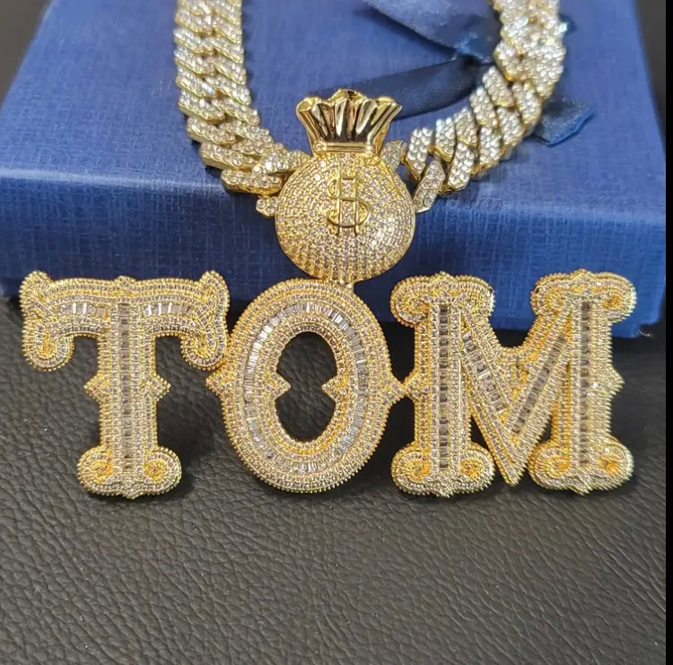 Custom Engraved Initial Hip-Hop Style Necklace with Synthetic Zirconia Crystals - Golden-Tone Plated Bold Letter Pendant & Crown Design, 50cm Braided Chain for Men