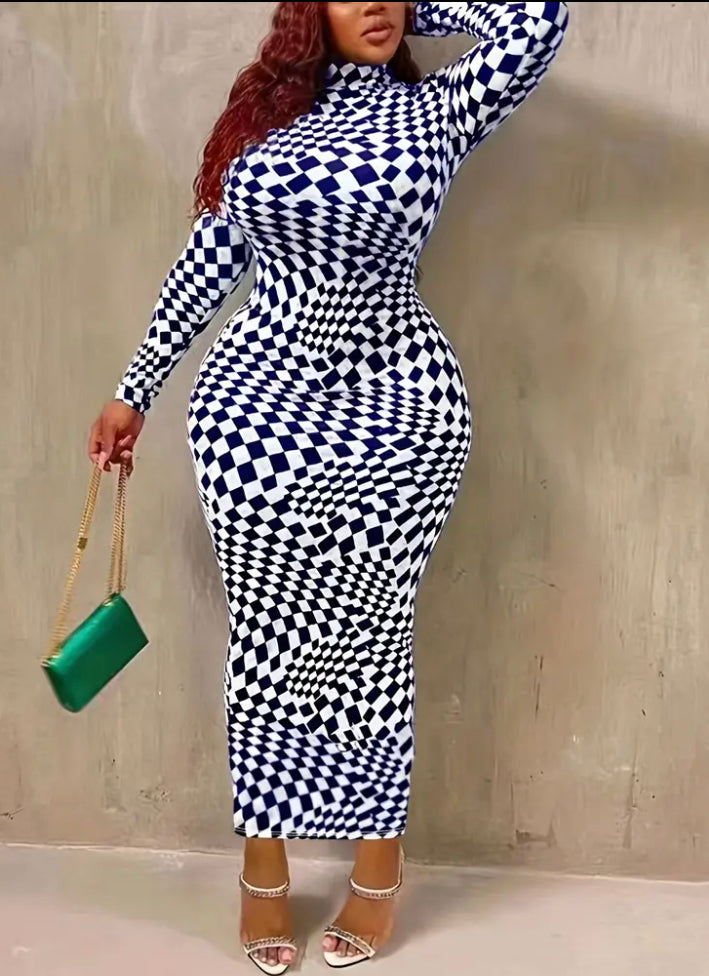 Plus Size, Women's Plus Size Formal & Casual Elegant Black & white dress - Long Formal event gown, Stretchy Bodycon maxi dress for Parties, Office, Everyday Outfits - Machine Washable, Long Sleeve Formal Dress, Office Wear, Highneck Design, Bodycon Fabric
