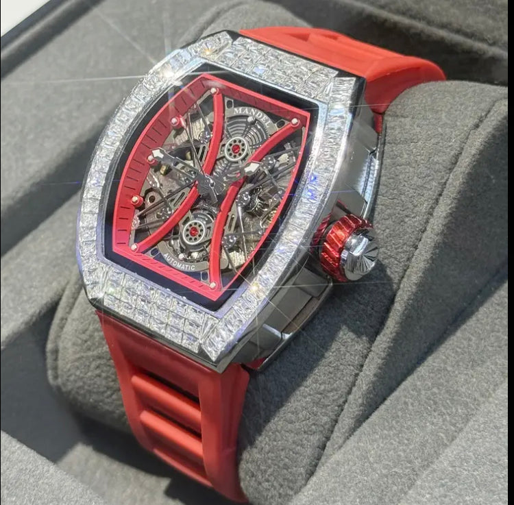 Men'S Luxury Sports Hollow Skeleton Mechanical Watch - Automatic Self-Winding, Zinc Alloy Case & Silicone Strap, Barrel Dial with Date Display