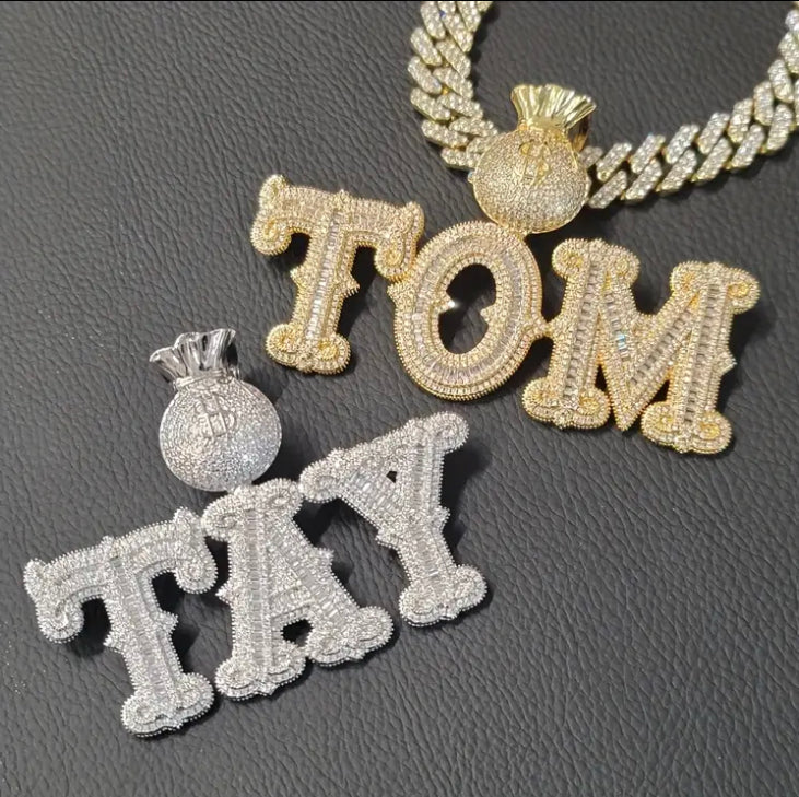 Custom Engraved Initial Hip-Hop Style Necklace with Synthetic Zirconia Crystals - Golden-Tone Plated Bold Letter Pendant & Crown Design, 50cm Braided Chain for Men