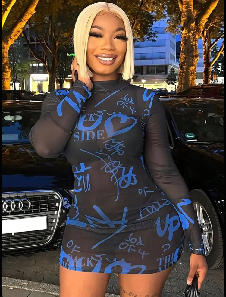 Women's Fashion Sexy Letter Print Mesh Sheer Bodycon Dress, Wear, Night Out Dress, Bodycon Fit, Tight Fitting, Breathable Mesh, Soft Material, Fitted Dress, Stylish Dress, Fashion Lovers, Women
