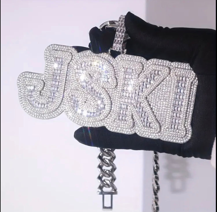 Customizable Men'S Hip-Hop Letter Pendant - Large Copper Square Synthetic Zircon Chain