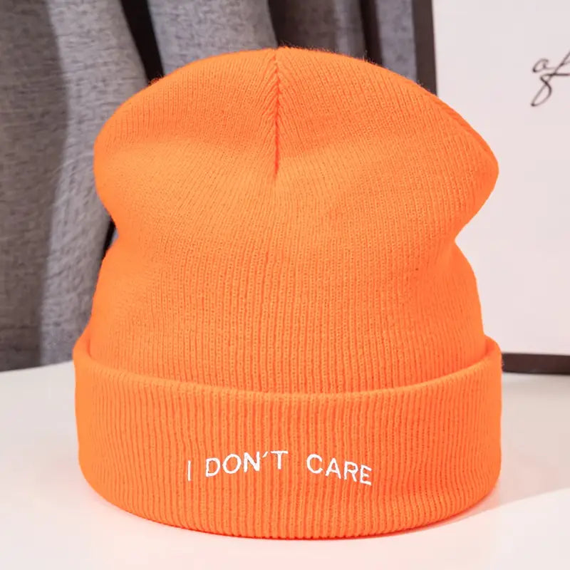 I Don't Care" Letter Print Beanie Cap with White Text