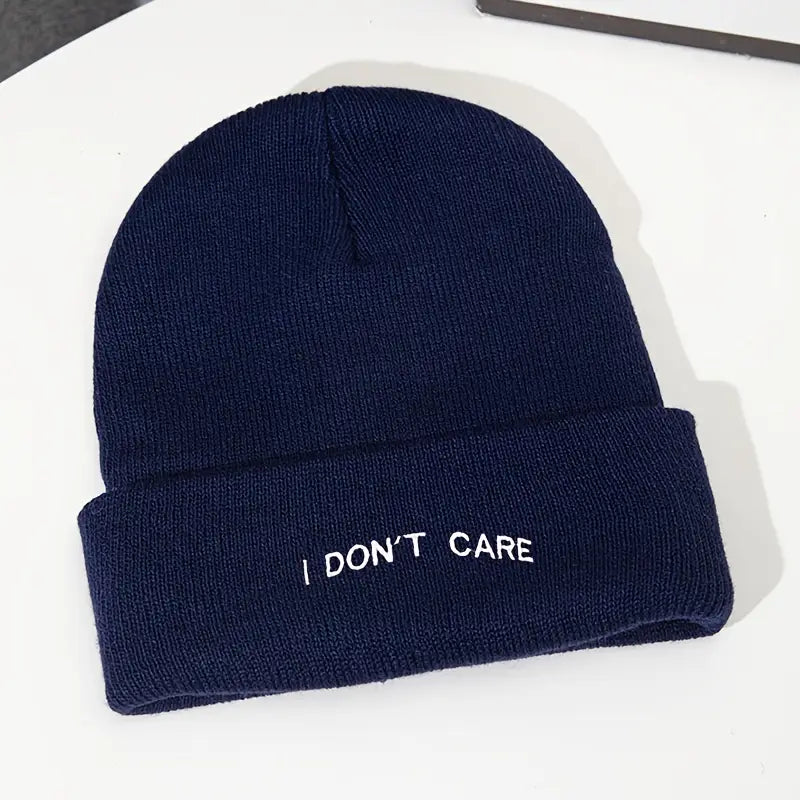 I Don't Care" Letter Print Beanie Cap with White Text
