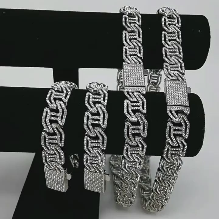 Elegant 16mm Rhinestone Inlaid Cuban Chain Bracelet, Zinc Alloy Hip Hop Jewelry