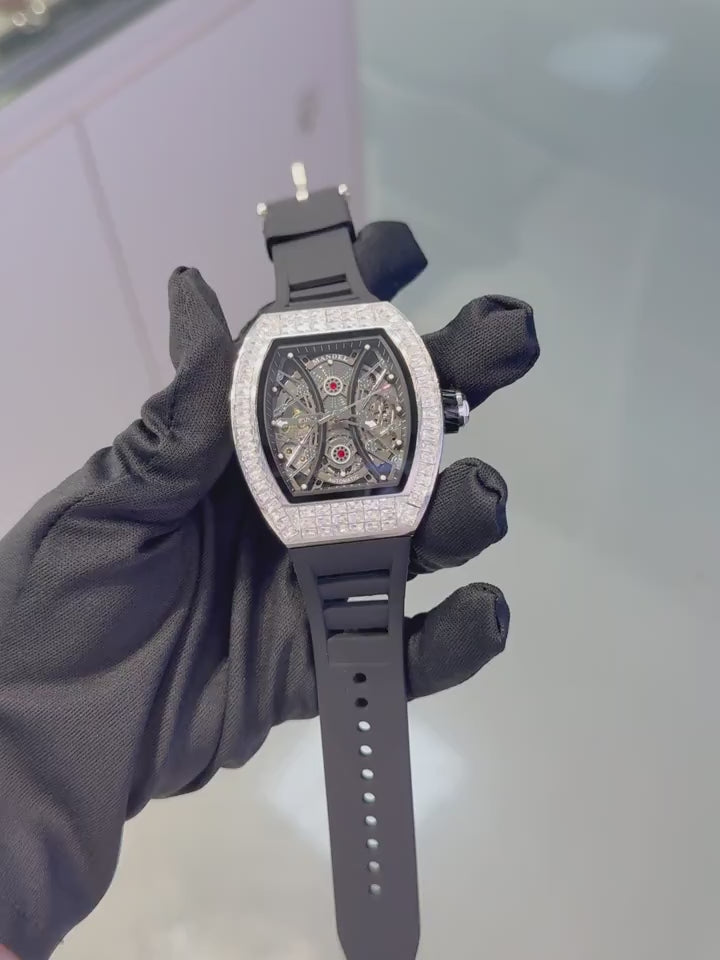 Men'S Luxury Sports Hollow Skeleton Mechanical Watch - Automatic Self-Winding, Zinc Alloy Case & Silicone Strap, Barrel Dial with Date Display